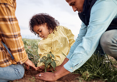 Buy stock photo Farming family, parents or child planting in soil agriculture, sustainability learning or future growth planning for food. Man, woman or farmer kid with ground leaf in nature countryside environment