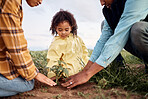 Family, girl and parents planting for growth, agriculture or loving on countryside break, bonding or hobby. Love, father or mother with daughter, learning or child development with organic vegetation