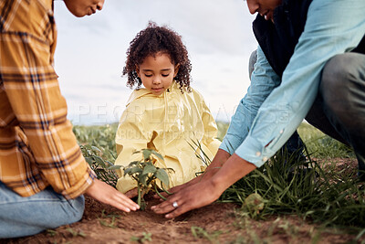 Buy stock photo Family, girl and parents planting for growth, agriculture or loving on countryside break, bonding or hobby. Love, father or mother with daughter, learning or child development with organic vegetation