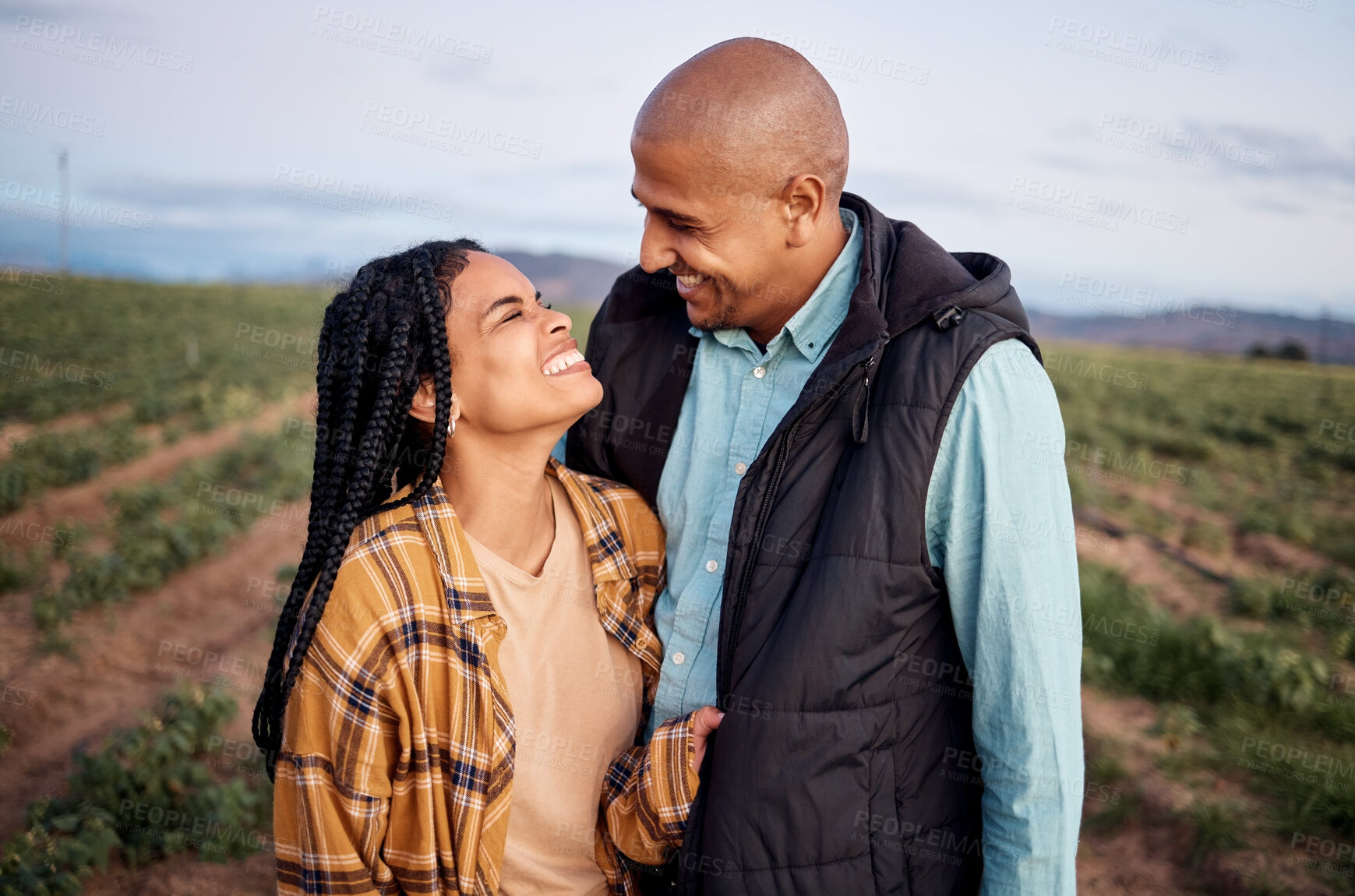 Buy stock photo Agro farming, sustainability and black couple in field in countryside with smile and love in small business market. Agriculture, sustainable farm and happy farmer man and woman with growth and nature