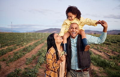 Buy stock photo Black family, piggyback and portrait at agriculture farm, laughing at funny joke and bonding together. Love, agro and care of father, mother and girl, kid or child on field for harvest and farming.