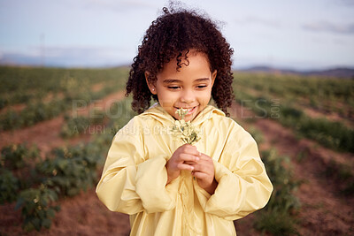 Buy stock photo Children, farm and a girl smelling flowers outdoor in a field for agriculture or sustainability. Kids, nature and spring with a female child holding a flower to smell their aroma in the countryside