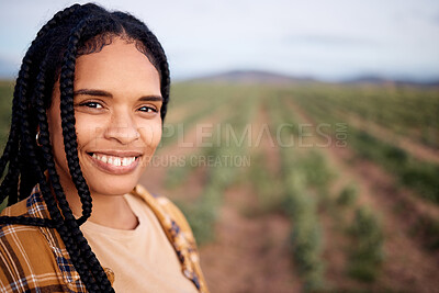 Buy stock photo Face, smile and black woman farmer on farm for sustainable farming or growing plants. Agro portrait, agriculture business and happy female entrepreneur from South Africa in garden with mockup space.