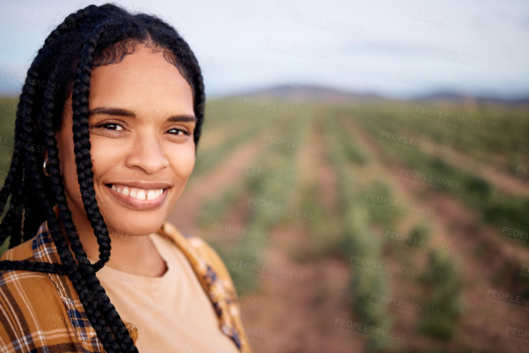 Buy stock photo Face, smile and black woman farmer on farm for sustainable farming or growing plants. Agro portrait, agriculture business and happy female entrepreneur from South Africa in garden with mockup space.