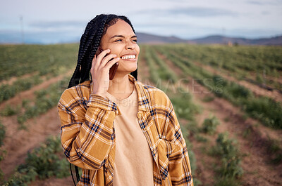 Buy stock photo Phone call, agriculture and sustainability with a black woman on a farm for growth in the harvest season. Farmer, contact and 5g mobile technology with a female farming on a field in the countryside