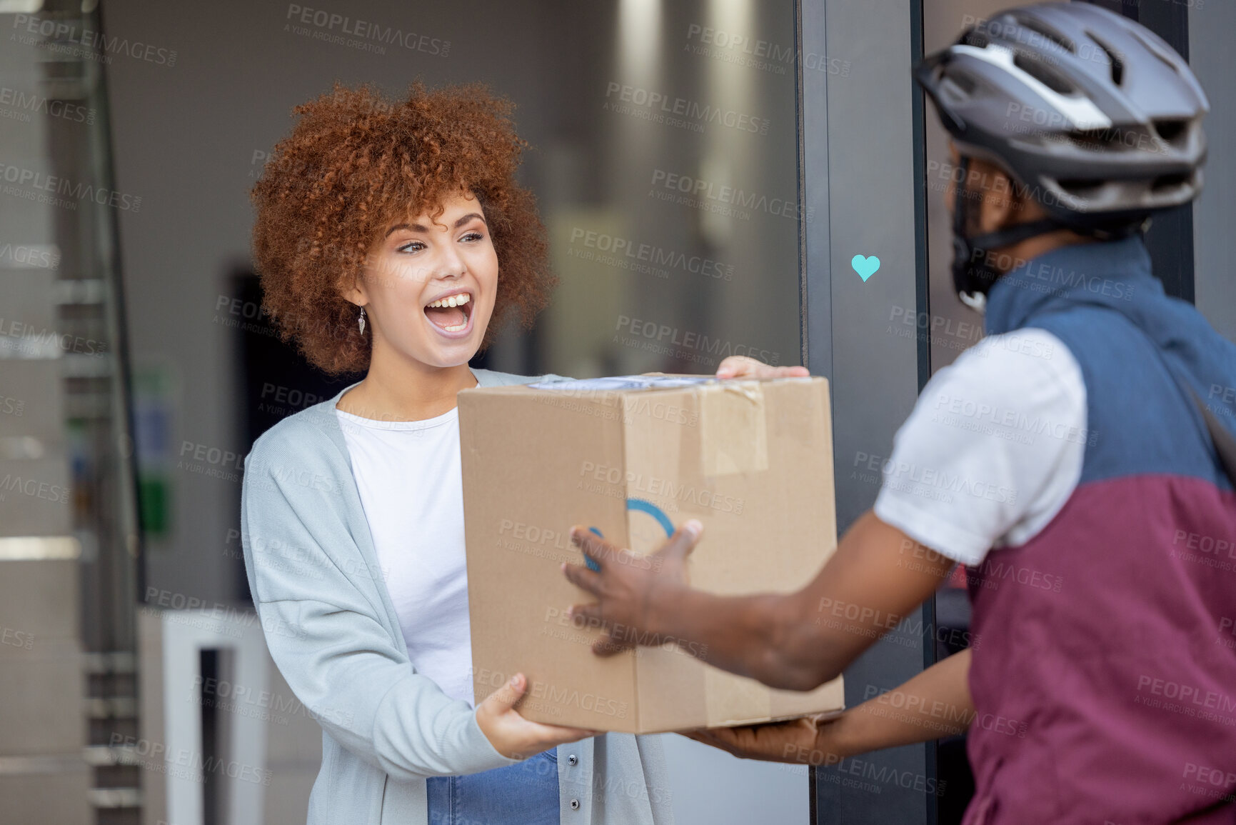 Buy stock photo Black woman, ecommerce and excited for delivery box, support or service and online purchase or order at door. Happy African American female customer in surprise for package, deliver or shipment