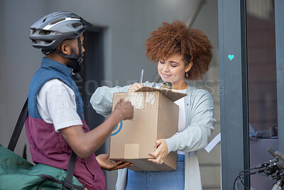 Buy stock photo Black man, box and customer signing in ecommerce for delivery service, package or order at door. Happy African American female with courier guy with signature on clipboard for quality or feedback