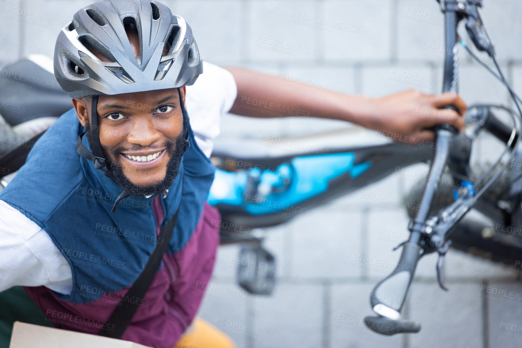 Buy stock photo Black man, delivery bicycle and street portrait from top view for logistics, cargo and happy for job. Young african person, bike and shipping service with smile outdoor, helmet and safety in city