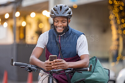 Buy stock photo Bicycle, delivery and black man phone for courier services, fintech and ecommerce location, chat app and city transport. Smartphone, 5g technology and logistics driver with bag for fast online order