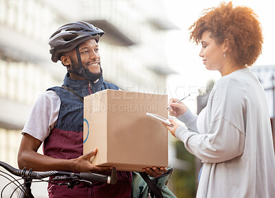 Buy stock photo Black man, box and tablet in delivery service, package or parcel for female customer order in city. Happy African American male courier employee delivering cargo to woman with touchscreen signature