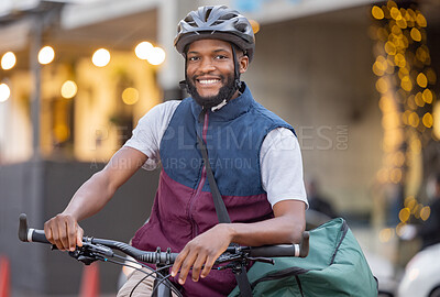 Buy stock photo Black man, bicycle and portrait smile in the city for travel, trip or delivery with bag outdoors. Happy African American male on bike smiling for traveling, adventure or transport in an urban town