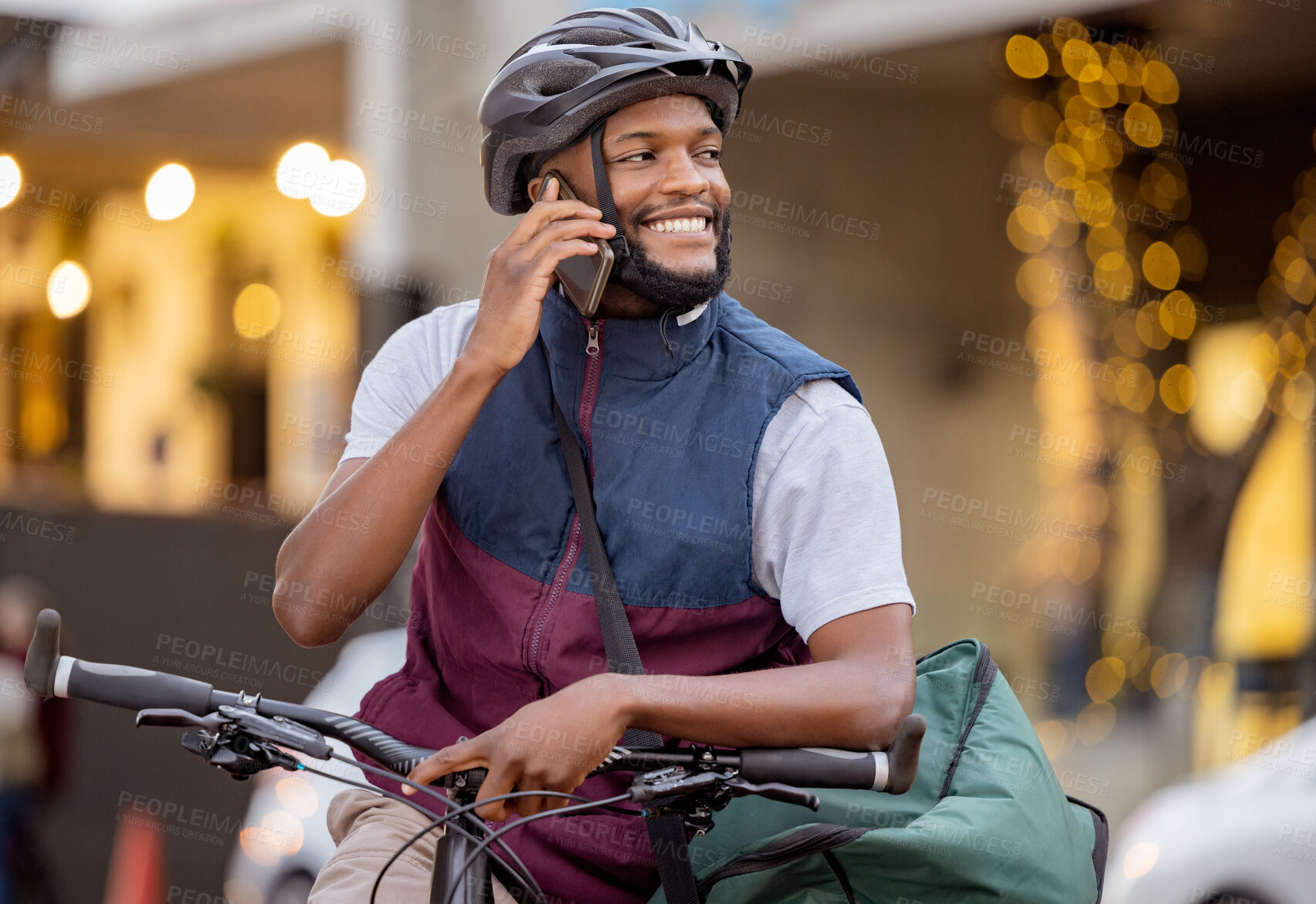 Buy stock photo Bicycle, food delivery man and phone call in courier services, ecommerce communication and city transport. Urban, logistics and black person talking on smartphone, business networking and bike travel