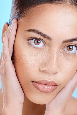 Buy stock photo Portrait, skincare or woman with dermatology, cosmetics or lady on blue studio background. Face detox, female or girl with makeup, morning routine or salon treatment with grooming, clear or soft skin