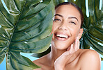  Woman, green plant and beauty portrait of face happy about natural dermatology cosmetics. Person with spa leaf skincare product benefits or makeup for self care, skin glow and facial wellness