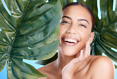 Buy stock photo Woman, green plant and beauty portrait of face happy about natural dermatology cosmetics. Person with spa leaf skincare product benefits or makeup for self care, skin glow and facial wellness