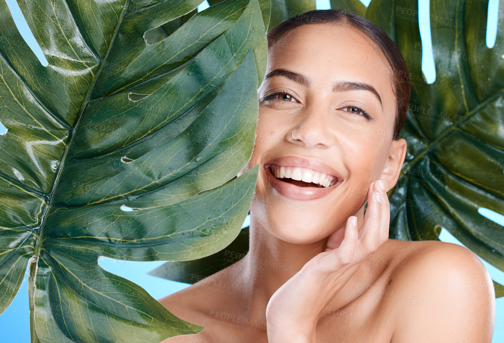 Buy stock photo Woman, green plant and beauty portrait of face happy about natural dermatology cosmetics. Person with spa leaf skincare product benefits or makeup for self care, skin glow and facial wellness