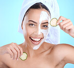 Beauty, cucumber face mask and portrait of woman with vegetable for natural dermatology cosmetics. Aesthetic model person with spa facial advertising self care, glow and wellness on blue background