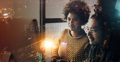 Buy stock photo Overlay, night and team with deadline, computer and online planning for new project, proposal and schedule. Dark, staff or group with ideas, typing or creativity for business growth, sales and office