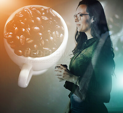 Buy stock photo Double exposure, coffee beans and woman with cup, thinking and idea for innovation at tech startup. Female business owner, holographic display or overlay with drink in hands for motivation at cafe