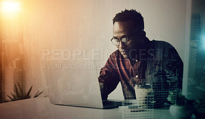 Buy stock photo Black man, laptop and night with overlay, analysis or reading for web design, website ux or screen. Information technology expert, technician or computer with 3d holographic for vision, ui and coding