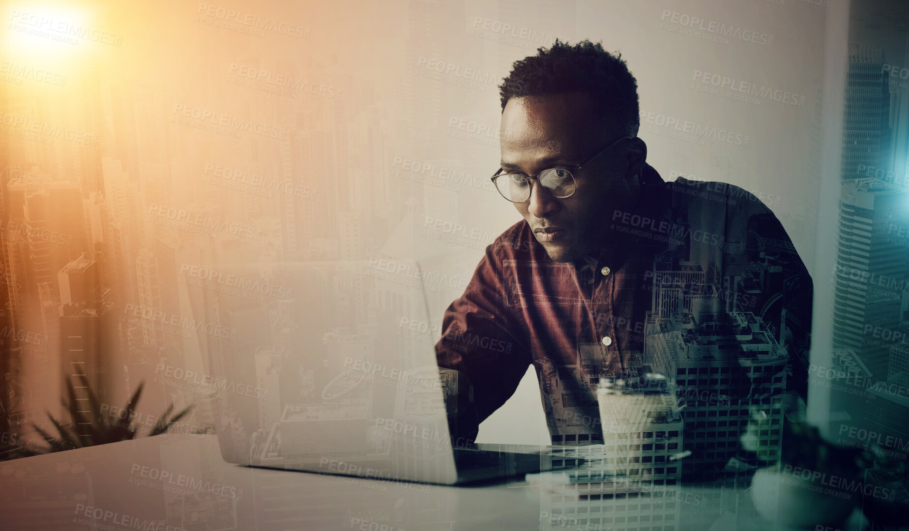 Buy stock photo Black man, laptop and night with overlay, analysis or reading for web design, website ux or screen. Information technology expert, technician or computer with 3d holographic for vision, ui and coding