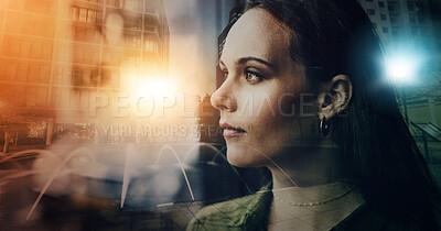 Buy stock photo Business woman is thinking, face with vision and urban double exposure, professional mindset and idea. Thoughtful, mindfulness and corporate female, career in city with overlay and motivation