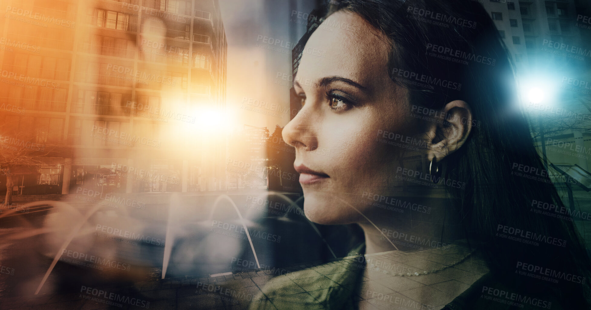 Buy stock photo Business woman is thinking, face with vision and urban double exposure, professional mindset and idea. Thoughtful, mindfulness and corporate female, career in city with overlay and motivation