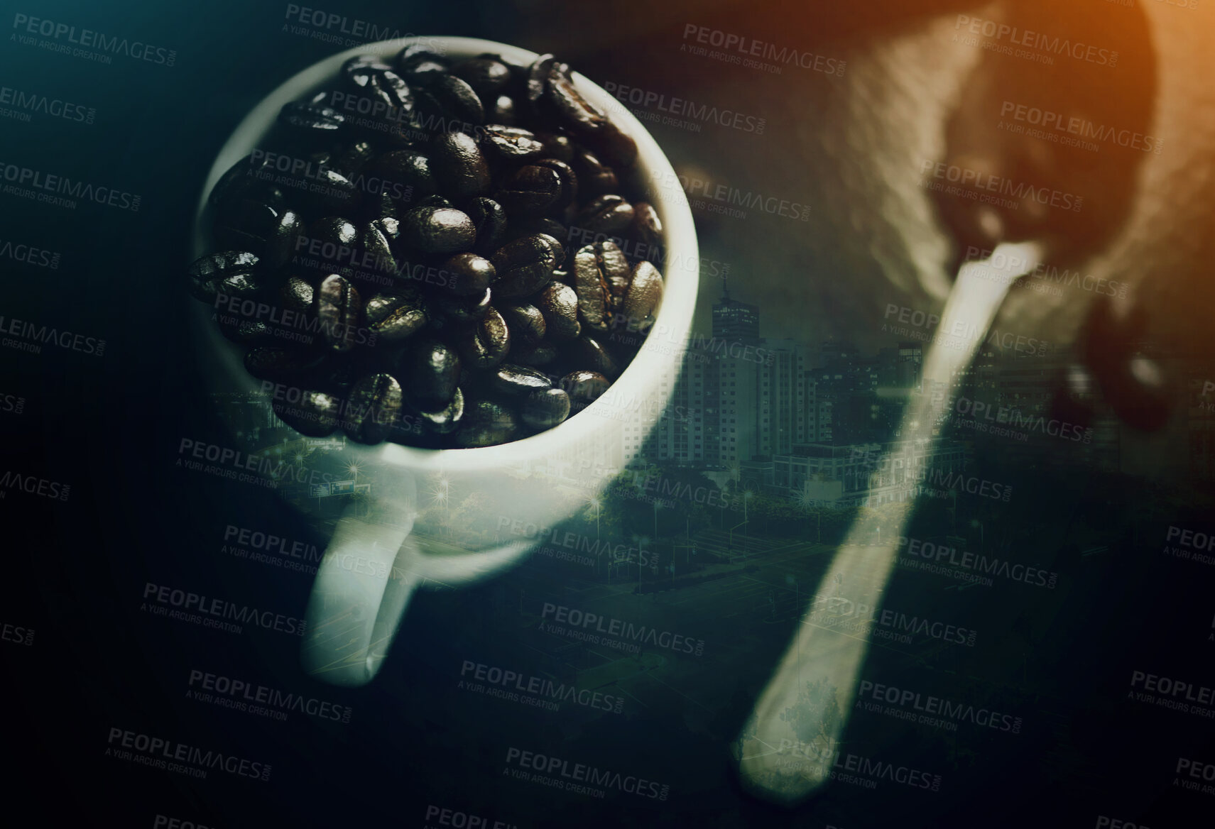 Buy stock photo Coffee cup, double exposure and beans with city, skyline and mockup space for cafe, drink and aroma. Matcha, espresso and overlay with urban, metro and cbd for energy, holographic mock up and town