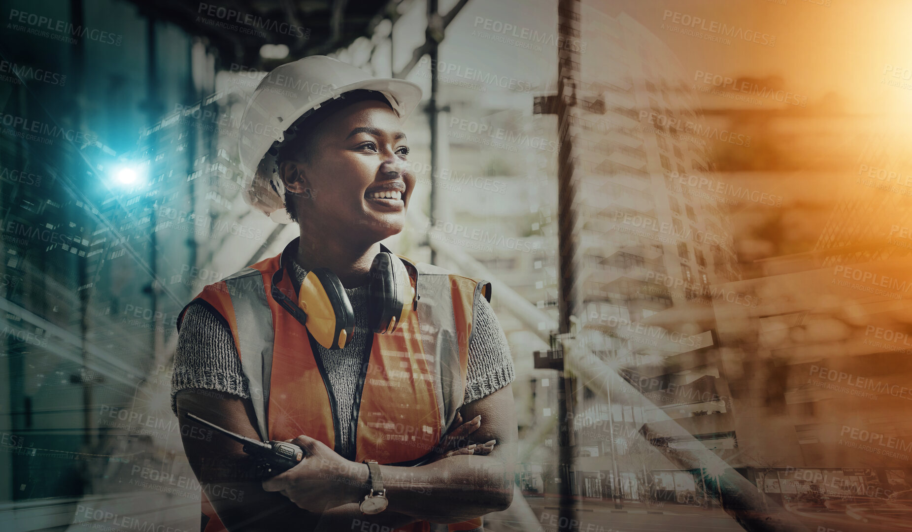 Buy stock photo Construction, black woman and leadership at work site, helmet for safety with communication device. Architecture, contractor and double exposure, building industry overlay and engineer with mockup 