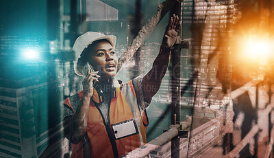 Buy stock photo Construction worker, phone call and woman inspection, building development and city overlay in night light. Civil engineering, mechanic contractor or black person on smartphone for industrial work