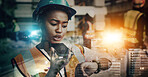 Engineering, black woman and phone with city overlay for time management communication and development. Civil engineer, technician or construction leader with safety helmet for future architecture