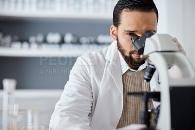 Buy stock photo Science, microscope and analytics with a doctor man at work in a laboratory for innovation or development. Medical, research and biotechnology with a male scientist working in a lab for breakthrough