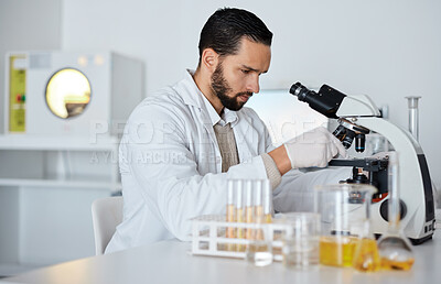 Buy stock photo Science, microscope and laboratory with a doctor man at work for research, innovation or development. Medical, analytics and biotechnology with a male scientist working in a lab for breakthrough