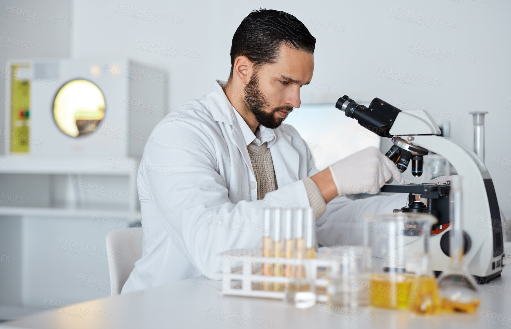 Buy stock photo Science, microscope and laboratory with a doctor man at work for research, innovation or development. Medical, analytics and biotechnology with a male scientist working in a lab for breakthrough