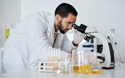 Buy stock photo Science, microscope and medical with a doctor man at work in a laboratory for innovation or development. Research, analytics and biotechnology with a male scientist working in a lab for breakthrough