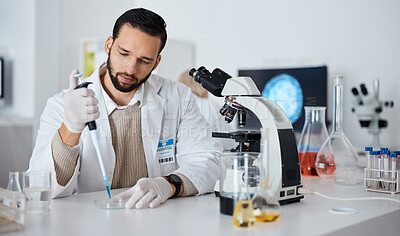 Buy stock photo Healthcare, man and serious in laboratory, test tube and results for experiment, medical and research. Science, male researcher and scientist with glass equipment, breakthrough and petri dish