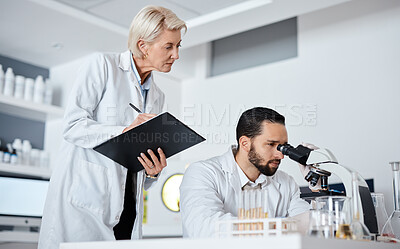 Buy stock photo Scientist man, woman and microscope with checklist in laboratory for research at pharma company. Science team, data analytics and biotechnology for goals, vision and study virus with teamwork in lab