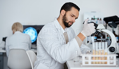 Buy stock photo Scientist, man and research in laboratory with dropper, test tubes and medical investigation. Expert science worker, dna genetics and healthcare vaccine for medicine, innovation and pharma analytics