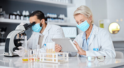 Buy stock photo Scientist team, microscope and tablet for covid 19 vaccine research for pharma company, medical mask and dna. Man, woman and science reading, data analytics and futuristic goal with teamwork in lab