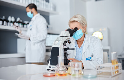Buy stock photo Microscope, face mask and science woman for medical analysis, virus or bacteria research in laboratory. Covid vaccine, pharmaceutical and biotechnology people, professional expert or scientist