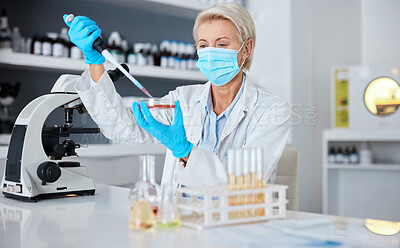 Buy stock photo Woman, doctor and micro pipette with mask for experiment, sample or covid testing in scientific research or exam in lab. Female scientist or medical expert working with chemical in science laboratory