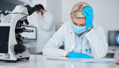 Buy stock photo Senior woman, covid mask and tablet research feeling stress and anxiety about online results. Wellness, healthcare laboratory and medical employee doing pharmaceutical data working in a clinic lab