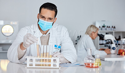 Buy stock photo Scientist man, test tube and laboratory for covid 19 research for goal with mask at pharma company. Science team, data analytics and biotech with ppe, vision and medical study with microscope in lab