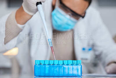 Buy stock photo Sample, pipette and science research by scientist in a laboratory or lab for analytics of covid virus vaccine. Professional, technician and expert with phd for medical development or innovation