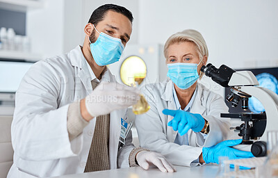 Buy stock photo Science, glass beaker and team of scientists working in a laboratory for research, experiment or analysis. Innovation, teamwork and professional scientific researchers with face mask in the lab.