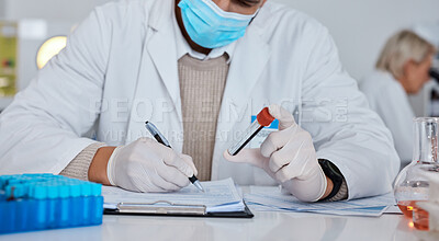 Buy stock photo Science, writing and man in laboratory with blood sample for dna results, medical report and research. Biotechnology, health and scientist write notes for data analytics, analysis and investigation