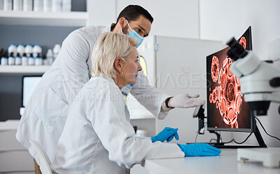 Buy stock photo Computer, covid and science in a medical research laboratory using technology for analytics of a virus on screen. Team, teamwork and technician looking at microscopic image with expert