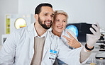 Science team, selfie and smile in lab for research, peace sign and happy at pharma company with phone. Scientist man, woman and profile picture for app, social network and teamwork with happiness