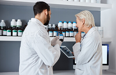 Buy stock photo Science, medicine and team with tablet in laboratory for vaccine, medical report and research. Pharmacy, healthcare and scientists reading label of medication for data analysis, results and study