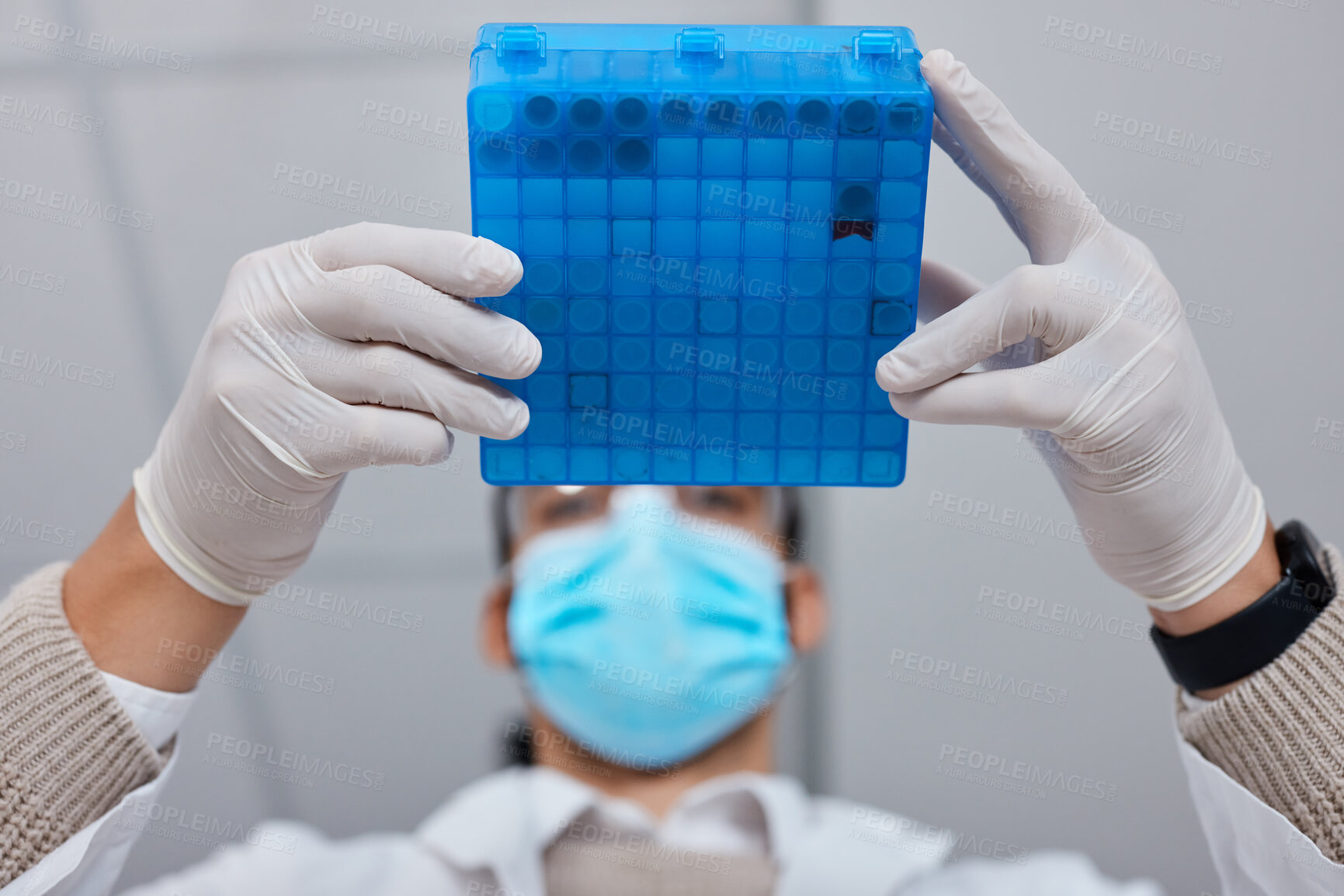 Buy stock photo Science, research and hands with a liquid container for medical innovation and vaccine analysis. Healthcare, lab and scientist holding vials for a dna test, pharmaceutical investigation and exam